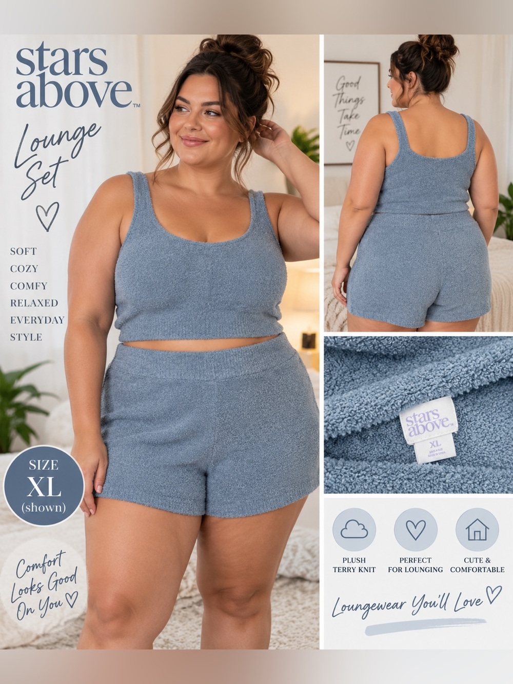 Stars Above Plush Blue Terry Knit 2-Piece Lounge Set – XL